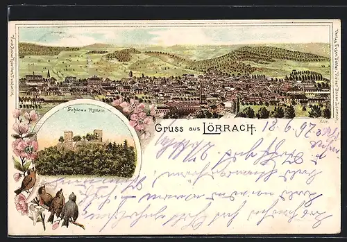 Lithographie Lörrach, Totalansicht und Schloss Rötteln