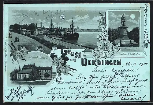 Mondschein-Lithographie Uerdingen, St. Josephs-Hospital, Denkmal Wilhelm I., Hafen