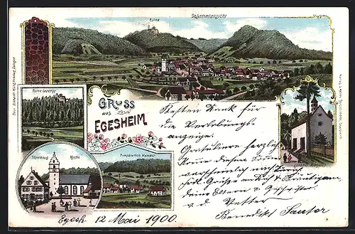 Lithographie Egesheim, Ruine Granegg, Pumpstation Hammer, Pfarrhaus und Kirche