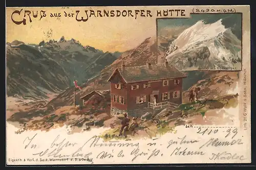 Lithographie Warnsdorfer Hütte, Berghütte mit dem Gipfel des Venediger