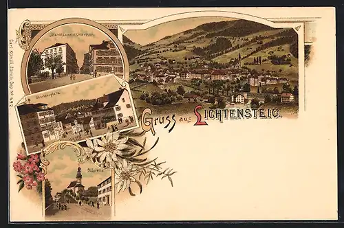 Lithographie Lichtensteig, Totalansicht, Kirche St. Loretto, Obertorplatz