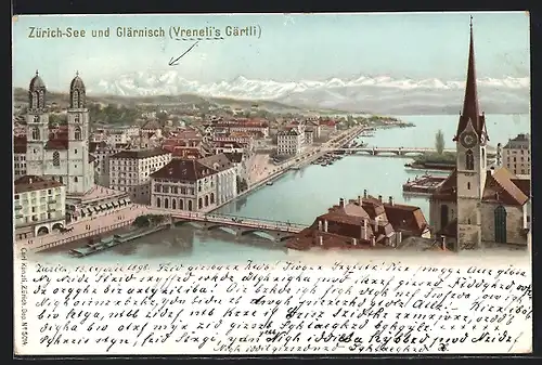 Lithographie Zürich, Teilansicht des Ortes mit Zürich-See und Glärnisch