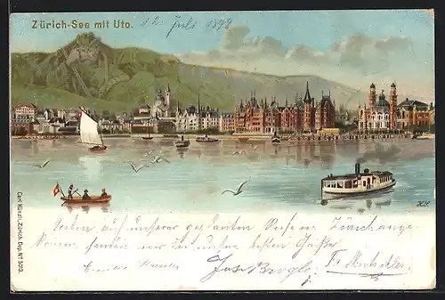 Künstler-AK Zürich-See, See-Partie mit Uto, Berggesichter