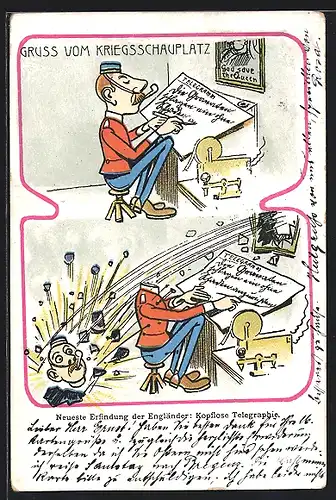AK Gruss vom Kriegsschauplatz, Neueste Erfindung der Engländer: Kopflose Telegraphie