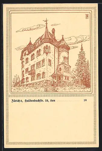 Künstler-AK Zürich, Villa in der Haldenbachstrasse