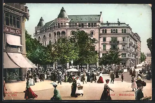 AK Zürich, Strassenpartie Werdmühle mit Geschäften