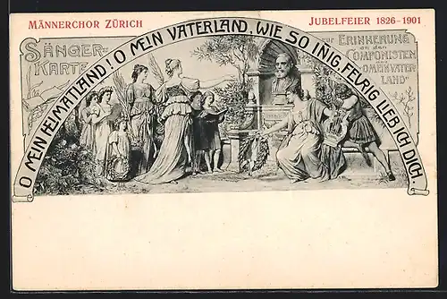 Künstler-AK Zürich, Sängerkarter zur Jubelfeier des Männerchor 1901, Junge Damen mit Lyra und Lorbeerkranz