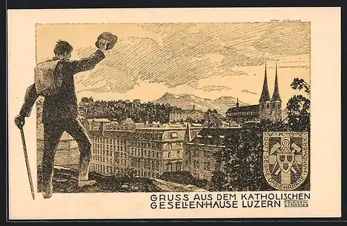 Künstler-AK Luzern, Mann grüsst zum Katholischen Gesellenhaus, Wappen