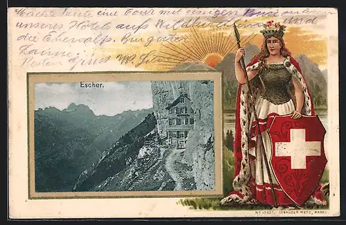 Lithographie Aescher, Aufstieg zum Gasthaus, Helvetia mit Schild und Speer im Sonnenaufgang