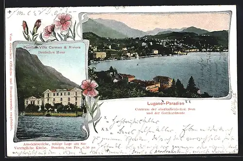 AK Lugano-Paradiso, Pension Villa Carmen & Riviera, Deutsches Haus
