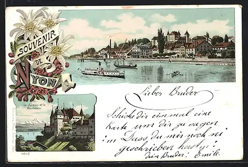 Lithographie Nyon, Le château et le Montblanc, Dampfer vor dem Ort