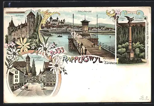 Lithographie Rapperswyl a. Zürichsee, Schloss, Hauptplatz m. Schloss, Hafenpartie