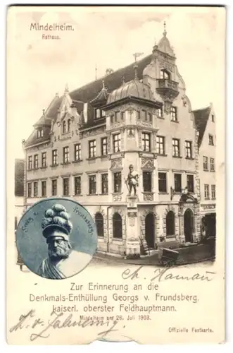 Revolver-AK Mindelheim, Rathaus, Schloss Mindelburg, Georg v. Frundberg, Denkmal-Enthüllung