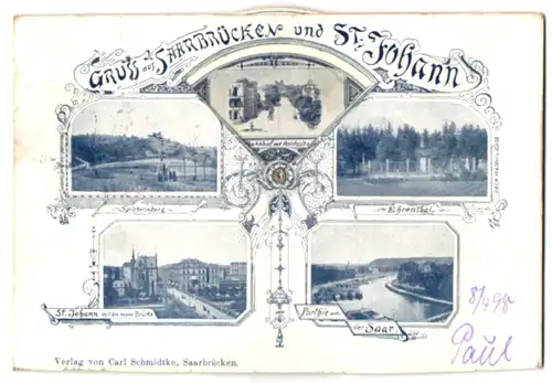 Revolver-AK Saarbrücken-St. Johann, Spichernberg, Ehrenthal, Denkmal auf dem Winterberg, Bahnhof mit Reichsstrasse