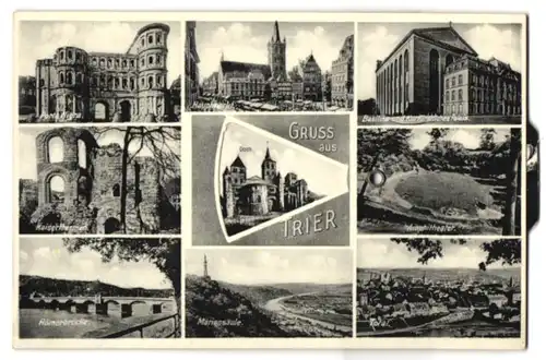Revolver-AK Trier, Porta Nigra, Amphitheater, Dom mit Marienkapelle, Römerbrücke