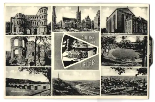 Revolver-AK Trier, Porta Nigra, Amphitheater, Dom mit Marienkapelle, Römerbrücke