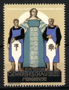 Künstler-Reklamemarke Rudolf Schiestl, München, Gewerbeschau 1912, Handwerker mit Zunftwappen und Bavaria