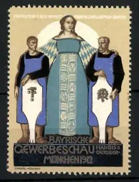 Künstler-Reklamemarke Rudolf Schiestl, München, Gewerbeschau 1912, Handwerker mit Zunftwappen und Bavaria