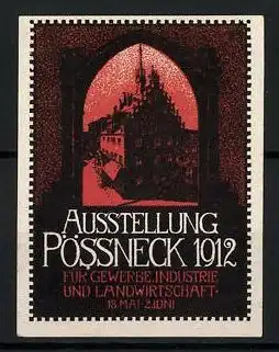 Reklamemarke Pössneck, Ausstellung f. Gewerbe, Industrie und Landwirtschaft 1912, Gebäudeansicht