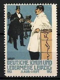 Reklamemarke Leipzig, Deutsche Schuh- und Ledermesse 1913, Schuhverkäufer mit Kunden