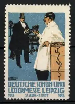 Reklamemarke Leipzig, Deutsche Schuh- und Ledermesse 1913, Schuhverkäufer mit Kunden