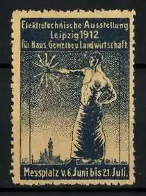 Reklamemarke Leipzig, Elektrotechnische Ausstellung für Haus und Gewerbe 1912, Mann hält Blitze in der Hand