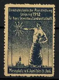 Reklamemarke Leipzig, Elektrotechnische Ausstellung für Haus und Gewerbe 1912, Mann hält Blitze in der Hand
