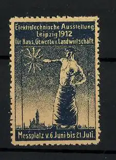 Reklamemarke Leipzig, Elektrotechnische Ausstellung für Haus und Gewerbe 1912, Mann hält Blitze in der Hand