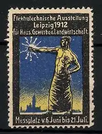 Reklamemarke Leipzig, Elektrotechnische Ausstellung für Haus und Gewerbe 1912, Mann hält Blitze in der Hand