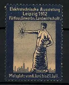 Reklamemarke Leipzig, Elektrotechnische Ausstellung für Haus und Gewerbe 1912, Mann hält Blitze in der Hand