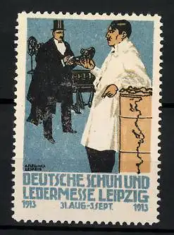 Reklamemarke Leipzig, Deutsche Schuh- und Ledermesse 1913, Schuhverkäufer mit Kunden