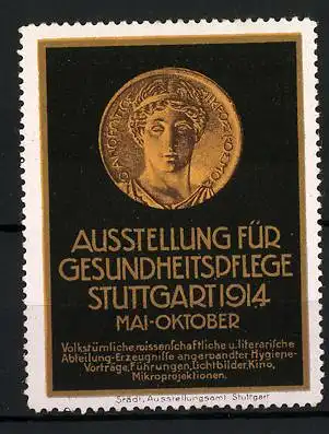 Reklamemarke Stuttgart, Ausstellung f. Gesundheitspflege 1914, Goldmünze griech. Gott