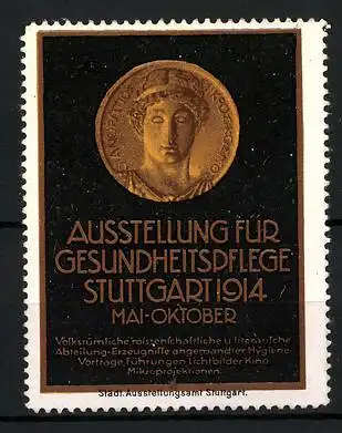 Reklamemarke Stuttgart, Ausstellung f. Gesundheitspflege 1914, Goldmünze griech. Gott