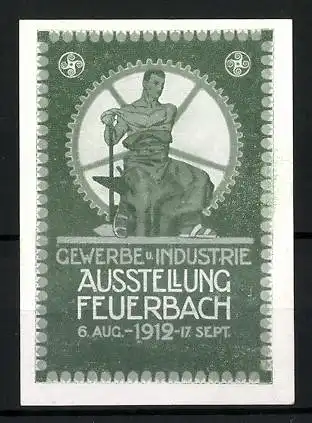 Reklamemarke Feuerbach, Ausstellung für Gewerbe und Industrie 1912, Schmied mit Hammer und Amboss