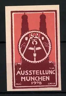 Reklamemarke München, Ausstellung 1908, Frauenkirche, Zahnrad mit Zange