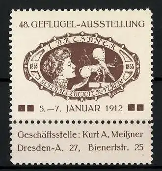 Reklamemarke Dresden-A., 48. Geflügel-Ausstellung 1912, 1. Dresdner Geflügelzüchter-Verein, Frau mit Vögeln