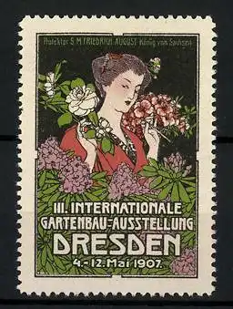 Reklamemarke Dresden, III. Internationale Gartenbau-Ausstellung 1907, Geisha zwischen Blumen