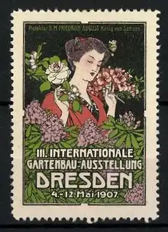 Reklamemarke Dresden, III. Internationale Gartenbau-Ausstellung 1907, Geisha zwischen Blumen