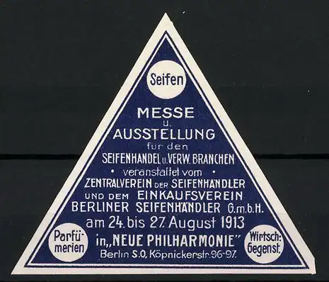 Reklamemarke Berlin, Messe & Ausstellung f. Seifenhandel und Verw. Branchen 1913