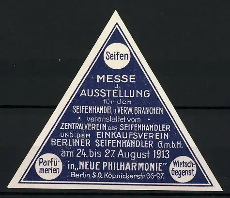Reklamemarke Berlin, Messe & Ausstellung f. Seifenhandel und Verw. Branchen 1913