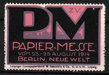 Reklamemarke Berlin, Papier-Messe 1914, Stadtsilhouette mit Messelogo