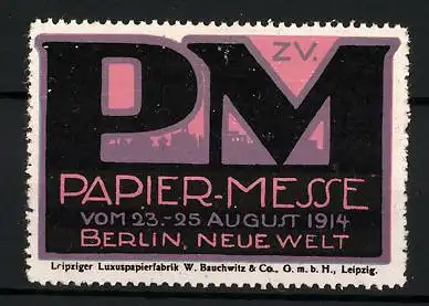 Reklamemarke Berlin, Papier-Messe 1914, Stadtsilhouette mit Messelogo