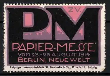 Reklamemarke Berlin, Papier-Messe 1914, Stadtsilhouette mit Messelogo