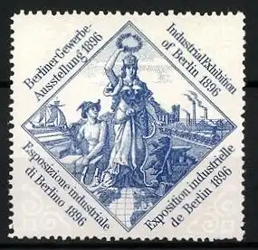 Reklamemarke Berlin, Gewerbe-Ausstellung 1896, Germania & Hermes, Eisenbahn, blau