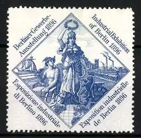 Reklamemarke Berlin, Gewerbe-Ausstellung 1896, Germania & Hermes, Eisenbahn, blau