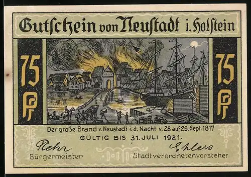 Notgeld Neustadt in Holstein 1921, 75 Pfennig, Der grosse Brand von 1817