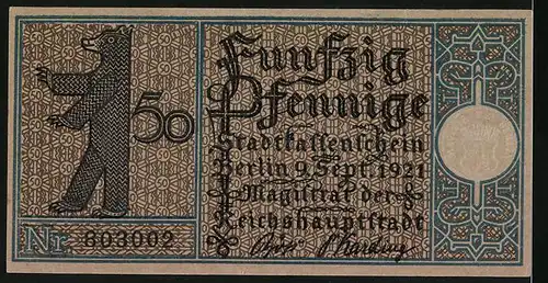 Notgeld Berlin 1921, 50 Pfennig, Berliner Strasse in Charlottenburg 1920