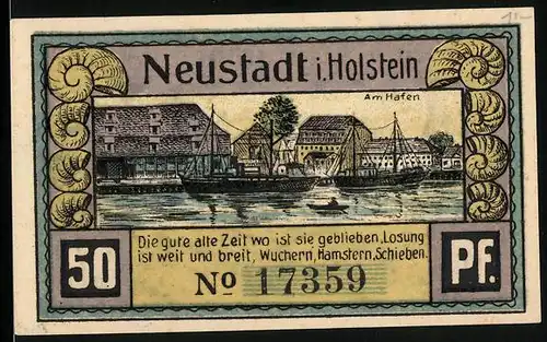 Notgeld Neustadt in Holstein 1921, 50 Pfennig, Am Hafen, Die alten Neustädter