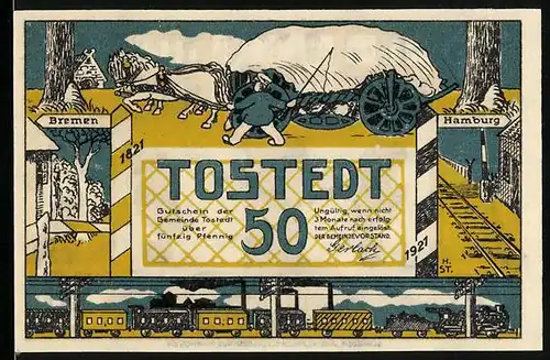 Notgeld Tostedt 1921, 50 Pfennig, Eisenbahn und Kutsche