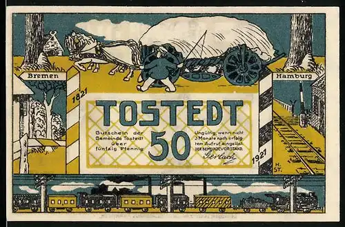 Notgeld Tostedt 1921, 50 Pfennig, Kutsche und Eisenbahn